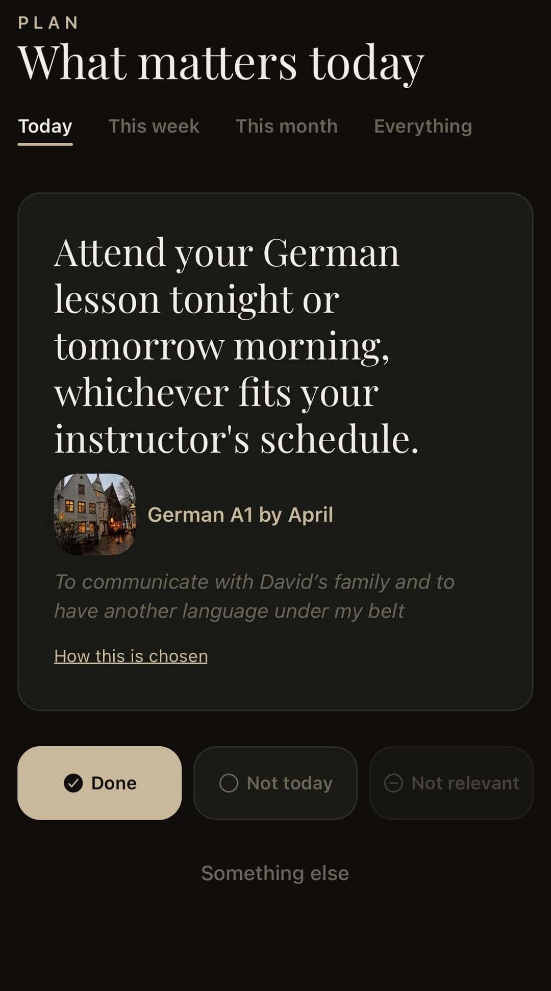 The renasca Today screen on a phone, showing one suggested step.